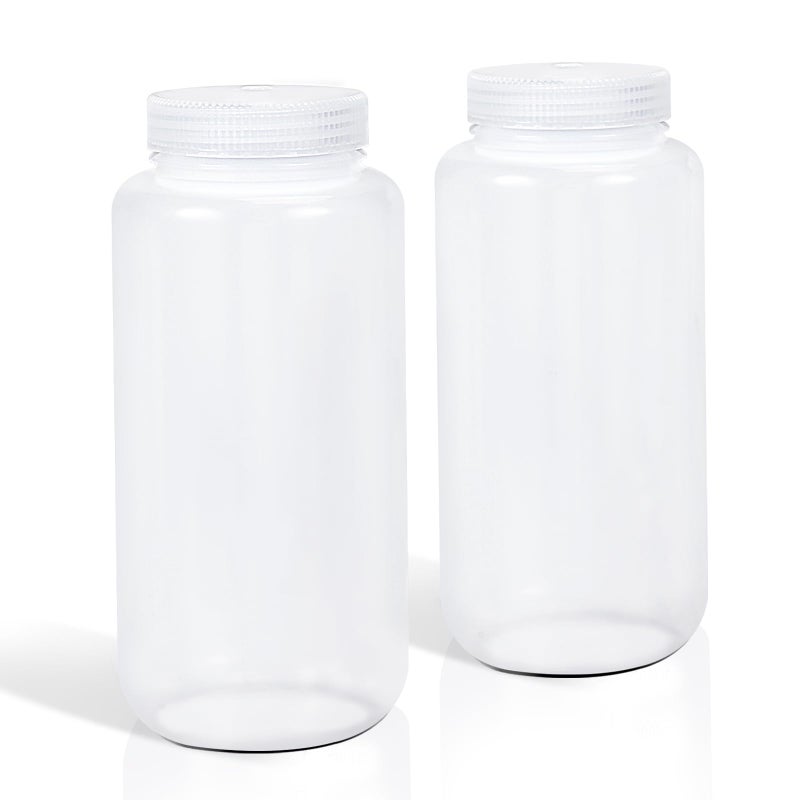 DEMORA 32 oz Plastic Bottles with Lids, Airtight Refillable Wide Mouth Travel Bottles for Toiletries, PP Food Grade Plastic Containers for Liquids Pill Water Sample Lab Reagent (Clear, 2 Pcs) - Image 1